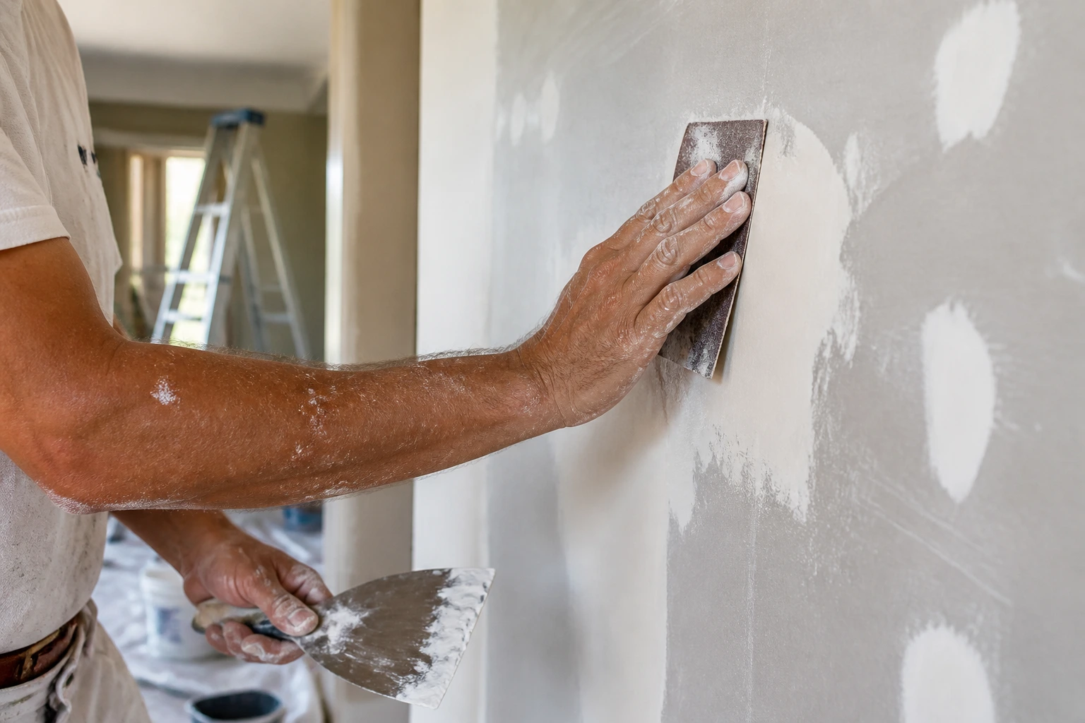 Hands of a painter prepping a wall for a residential repaint, showcasing daily prep work.