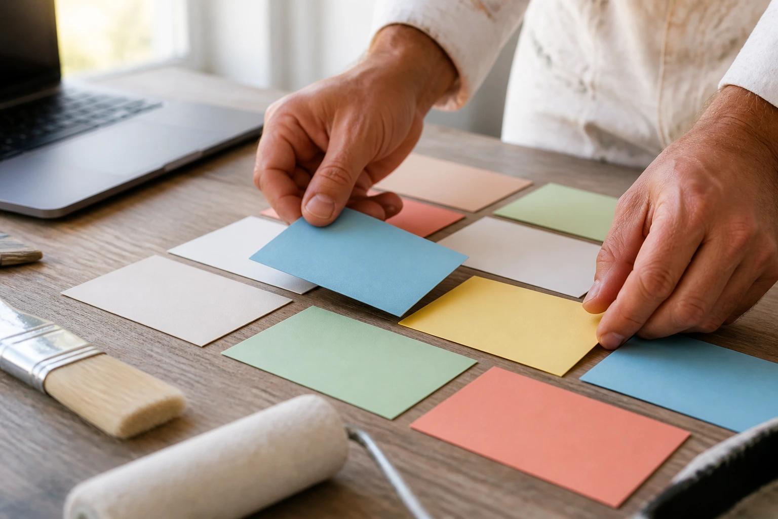 Hands organizing blank color cards on a desk to plan painting job applications