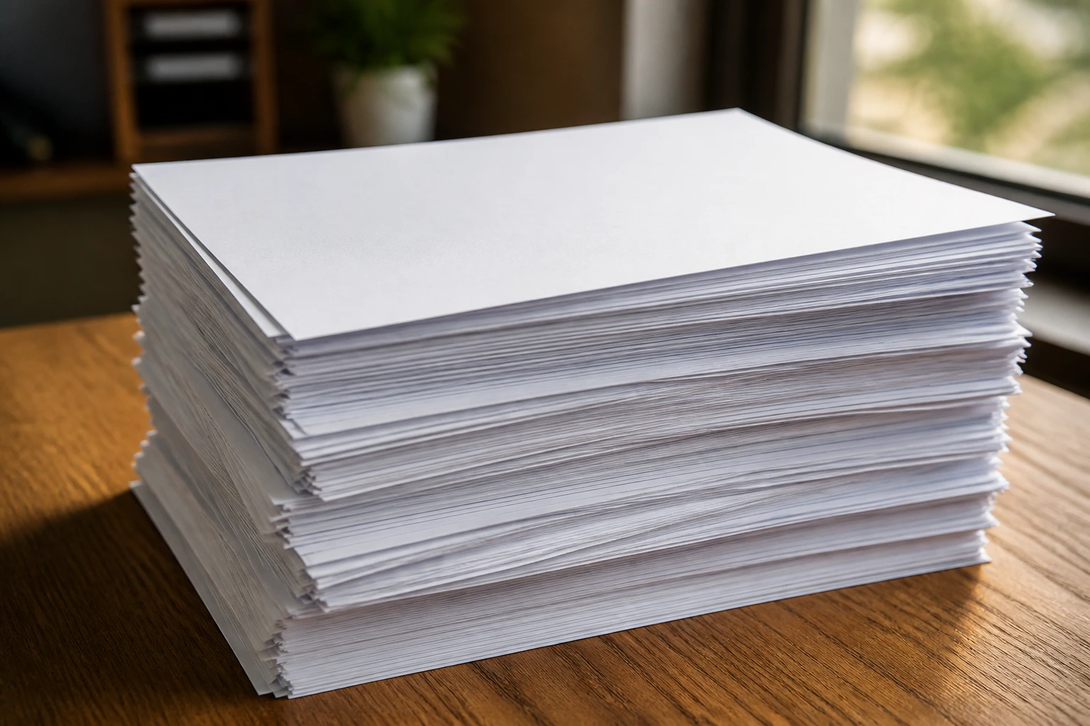 Close-up of blank papers stacked on an office desk, suggesting job-offer paperwork without readable text