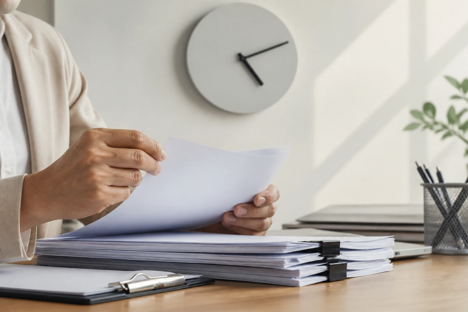 Close-up of hands sorting blank paperwork and a clock on a desk, illustrating paperwork and hiring calendar