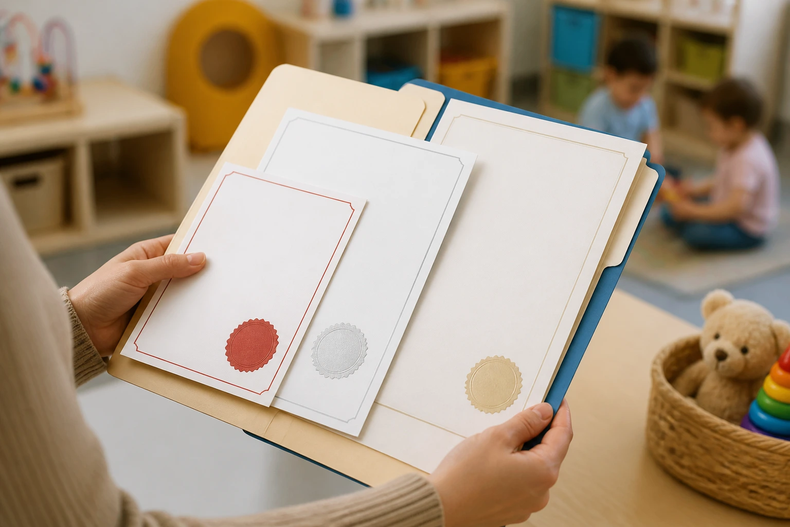 Hands holding a folder with essential daycare paperwork in a warm staff room