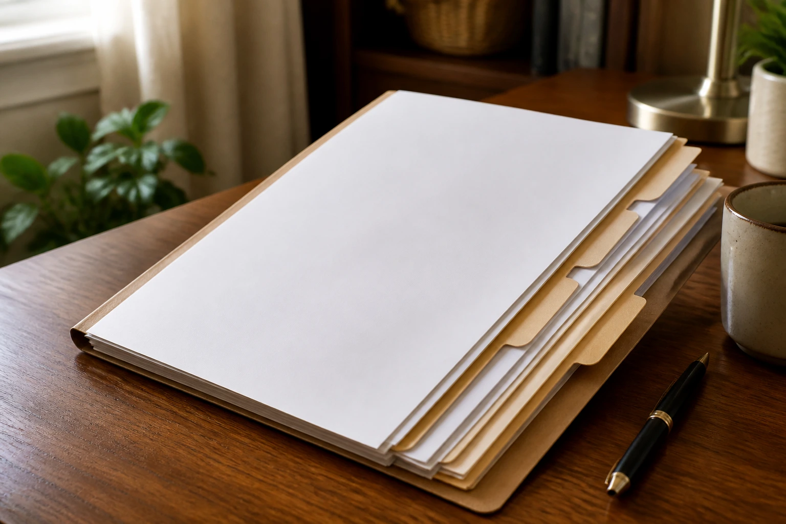 Neat file folder with blank papers on a wooden desk in a home office