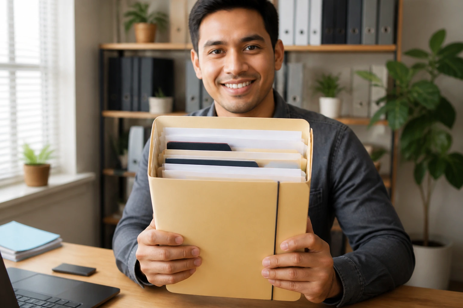 Person holding a neat folder in a well-lit workspace