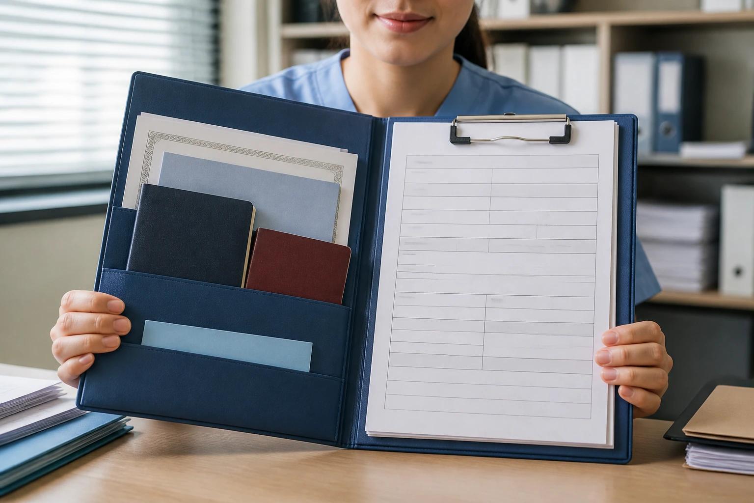 Real person holding a folder with blank forms in an office setting