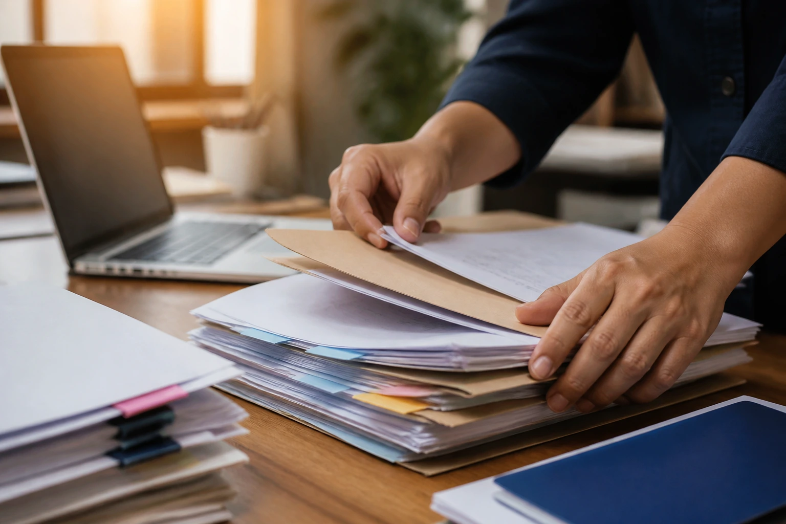 Hands sorting and organizing documents for job applications at a desk