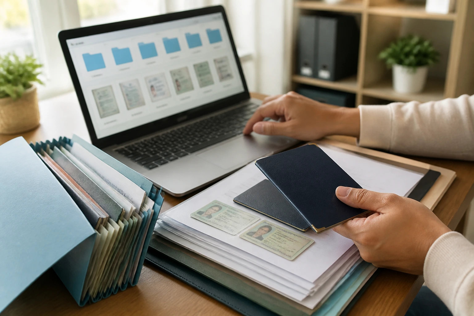 Hands organizing passport copies, resume, and certificates for a work permit process