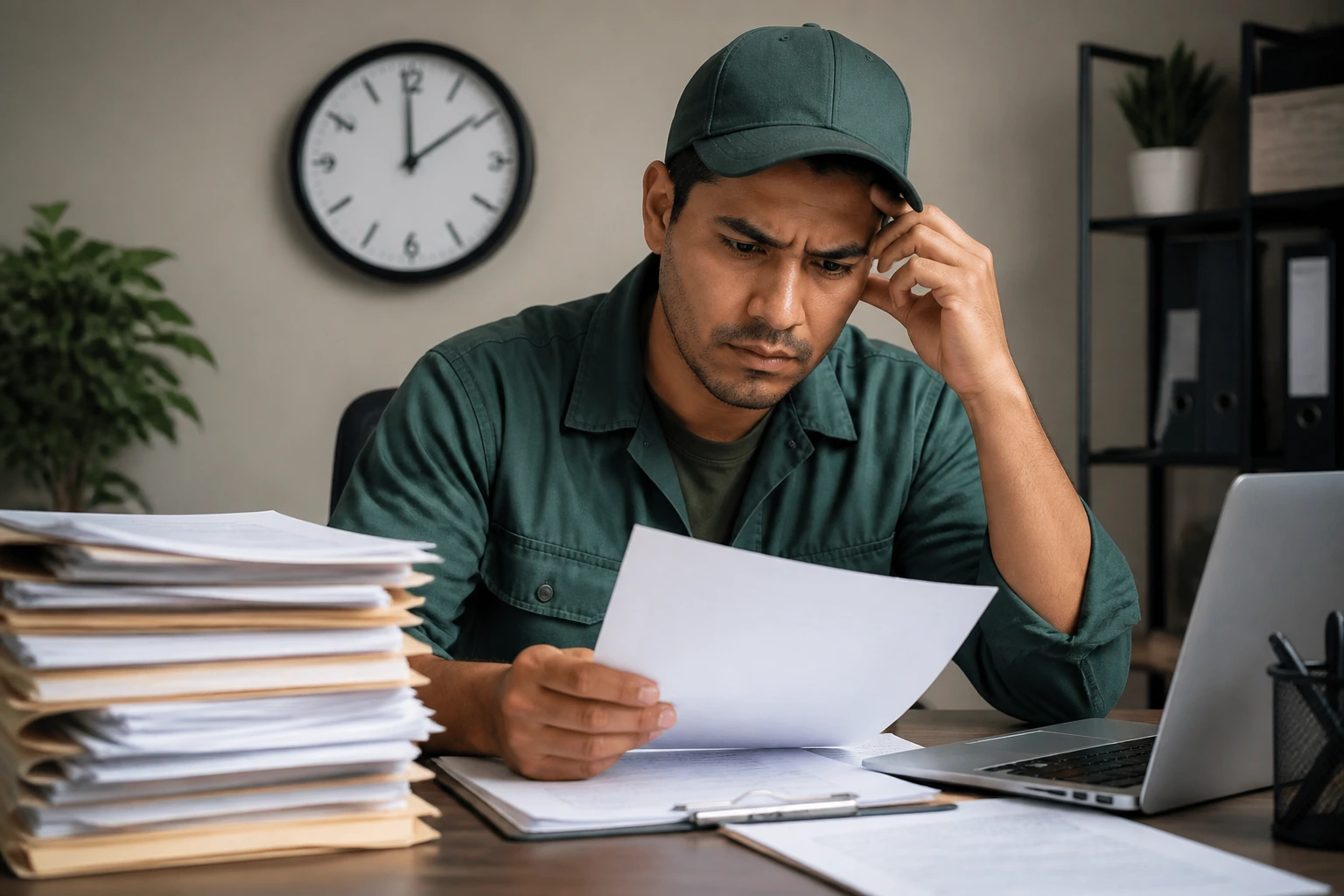 Applicant reviewing documents with clock in background