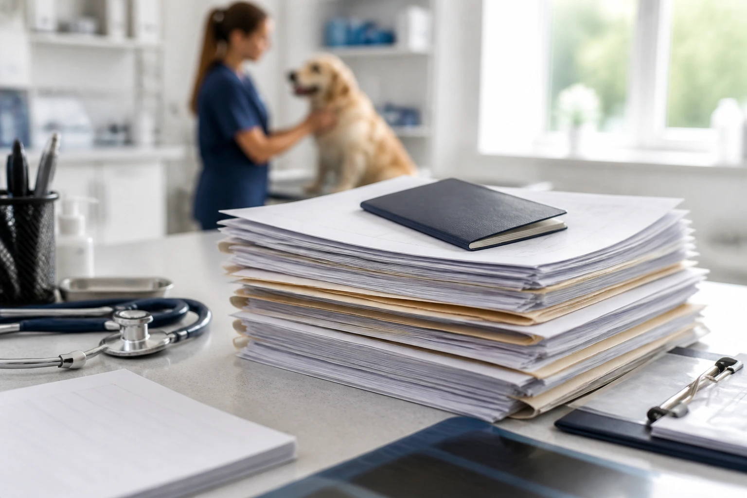 Blank forms and a passport silhouette on a clinic desk.