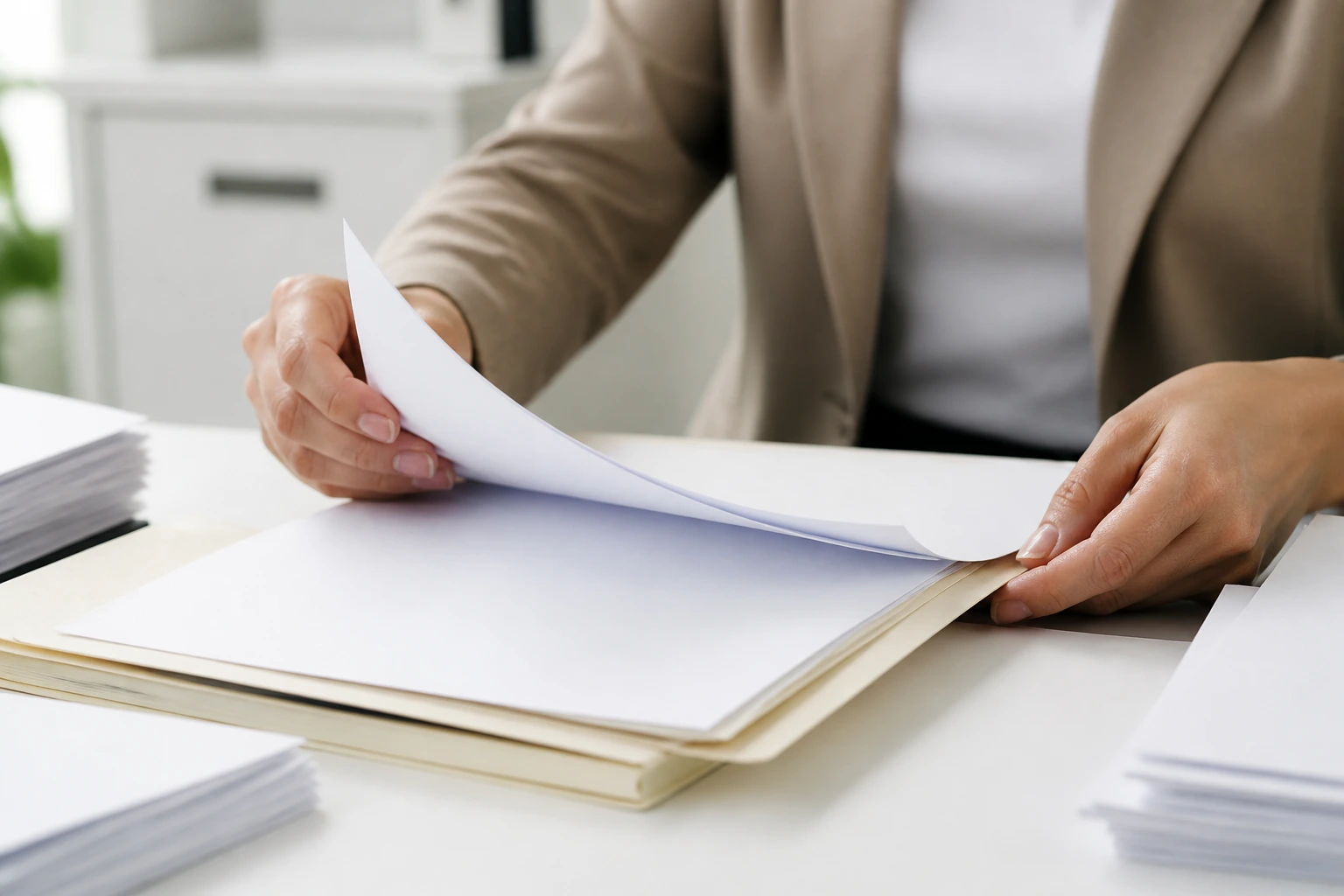 Close-up of hands organizing blank forms on a desk, symbolizing LMIA and visa paperwork