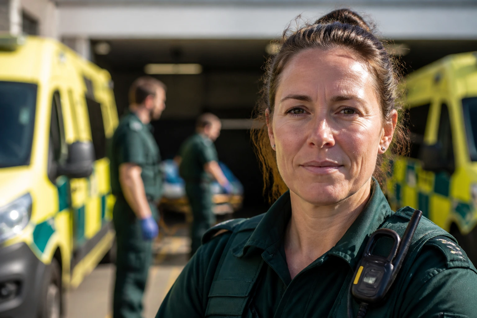 Close-up portrait of a paramedic in uniform at an ambulance bay