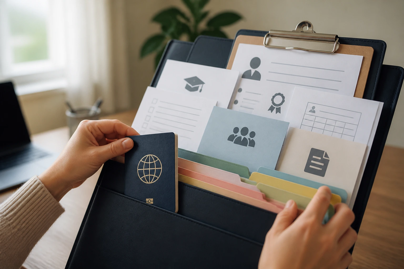 Hands organizing documents for visa and employment in a folder