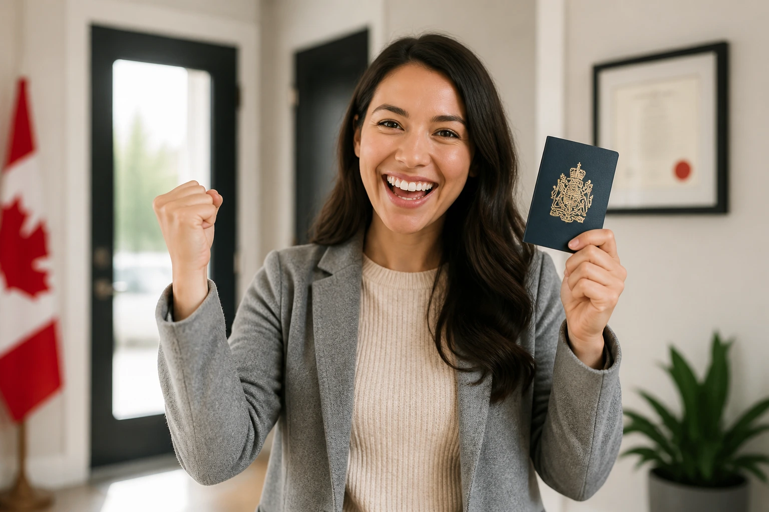 Person celebrating eligibility for citizenship in doorway
