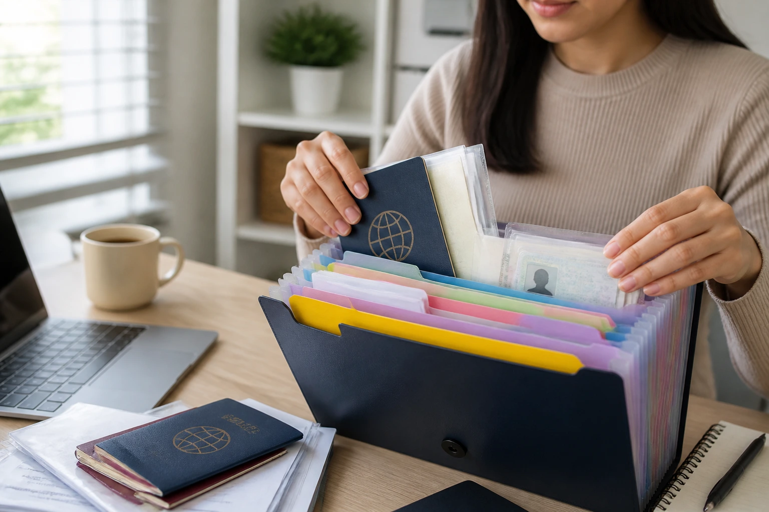 Hands organizing a folder of documents in a well-lit workspace, no visible text