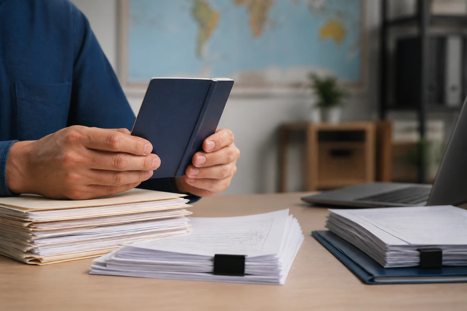Close-up of a person holding a passport edge-on, preparing documents