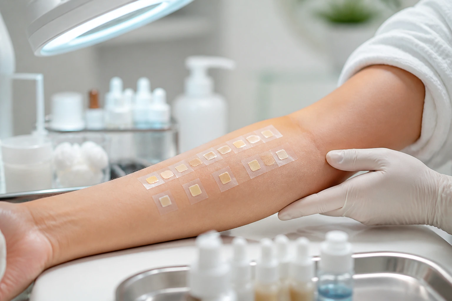 Forearm showing patch test patches in a clinic setting.