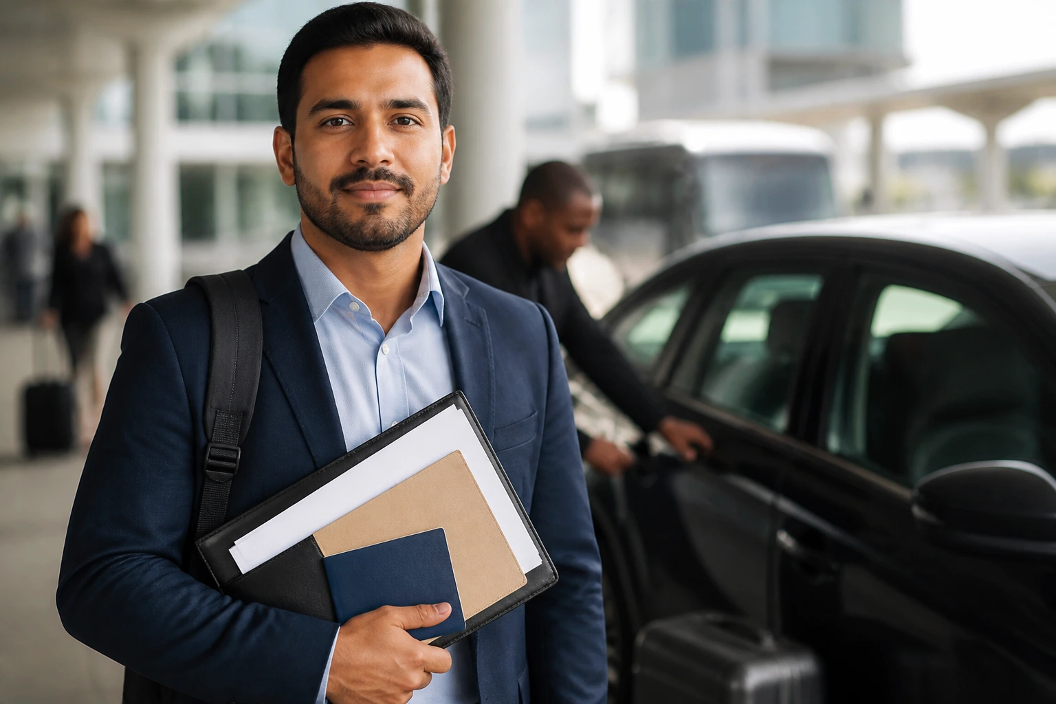 Portrait of a foreign applicant holding documents with a vehicle backdrop