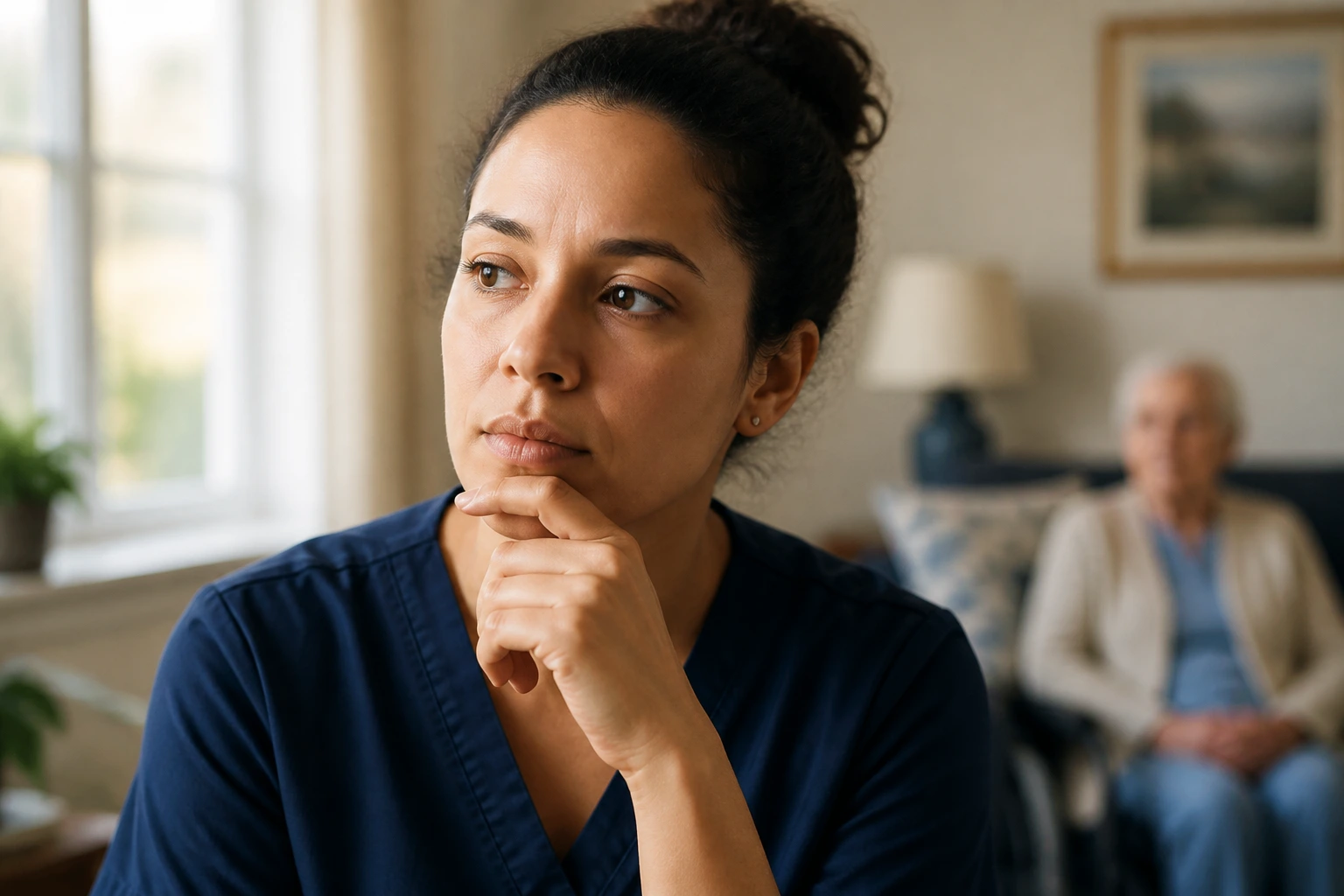 Medium close-up portrait of a person contemplating whether to pursue live-in caregiver sponsorship
