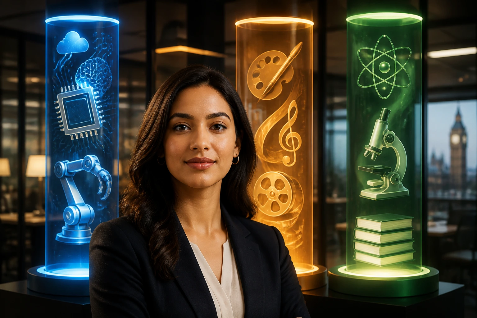 Portrait with three glowing pillars behind representing three endorsement tracks