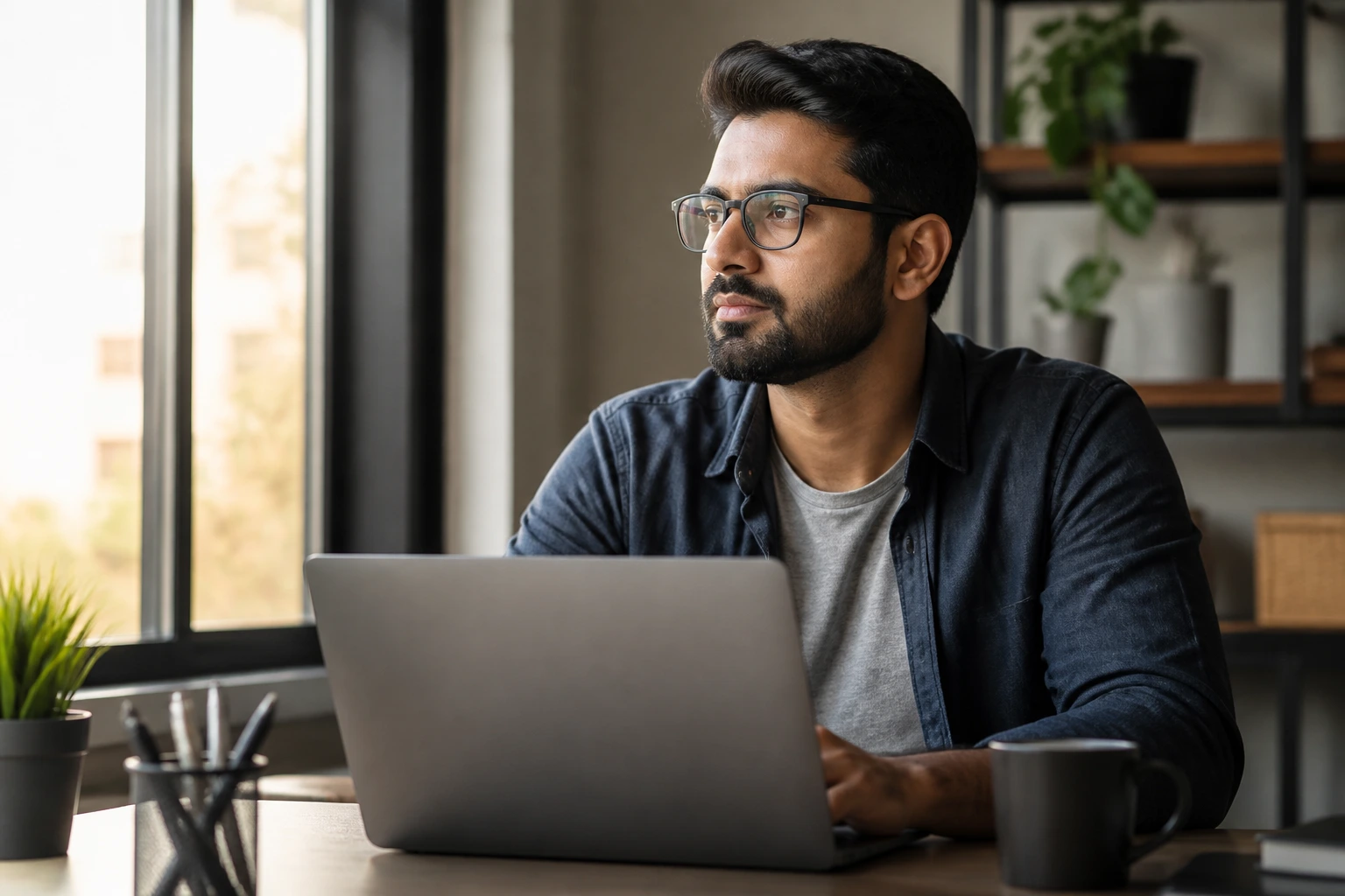 Close-up portrait of a professional seated at a desk with laptop, calm and focused during job-hunt process