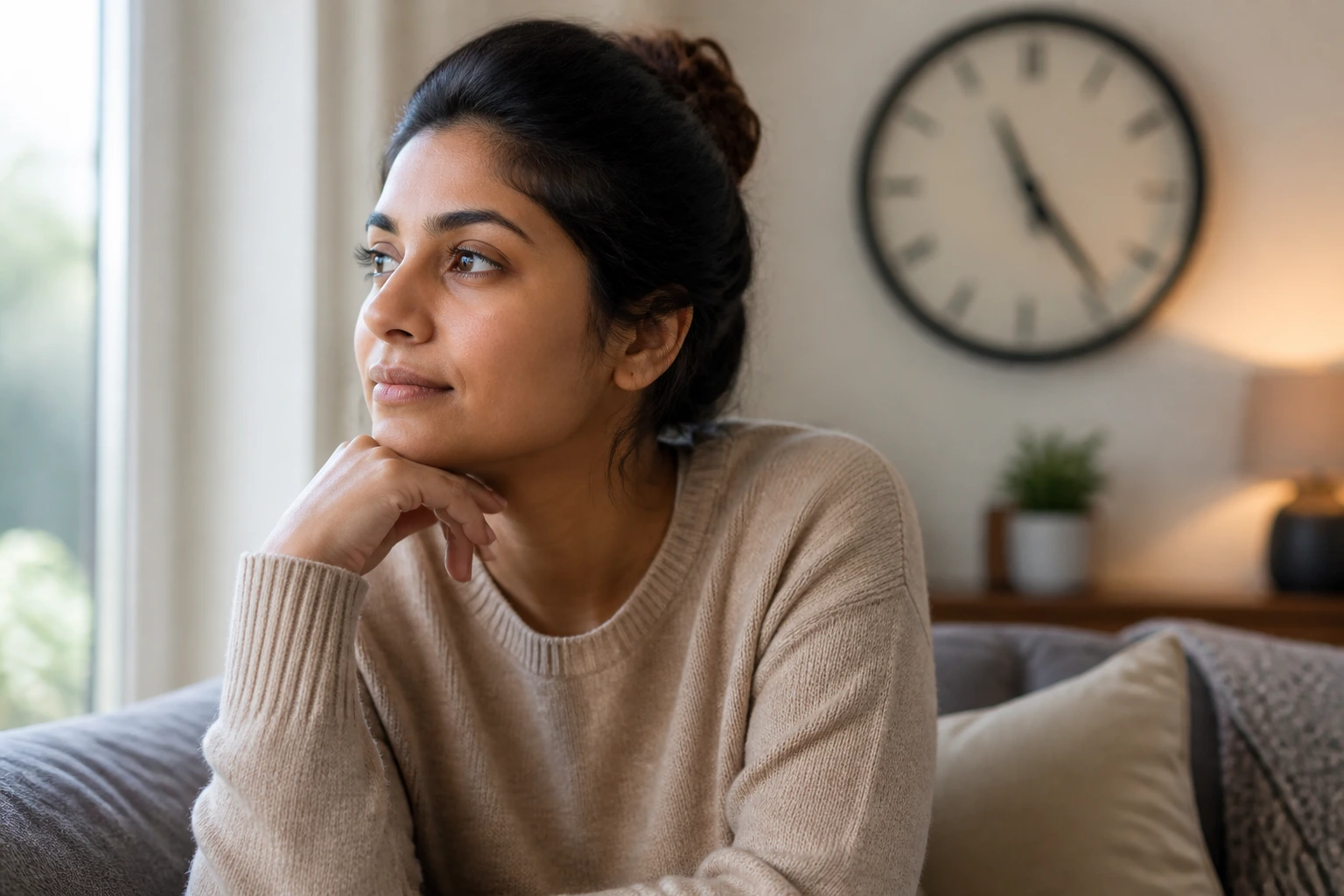 Calm individual waiting patiently in a cozy home setting