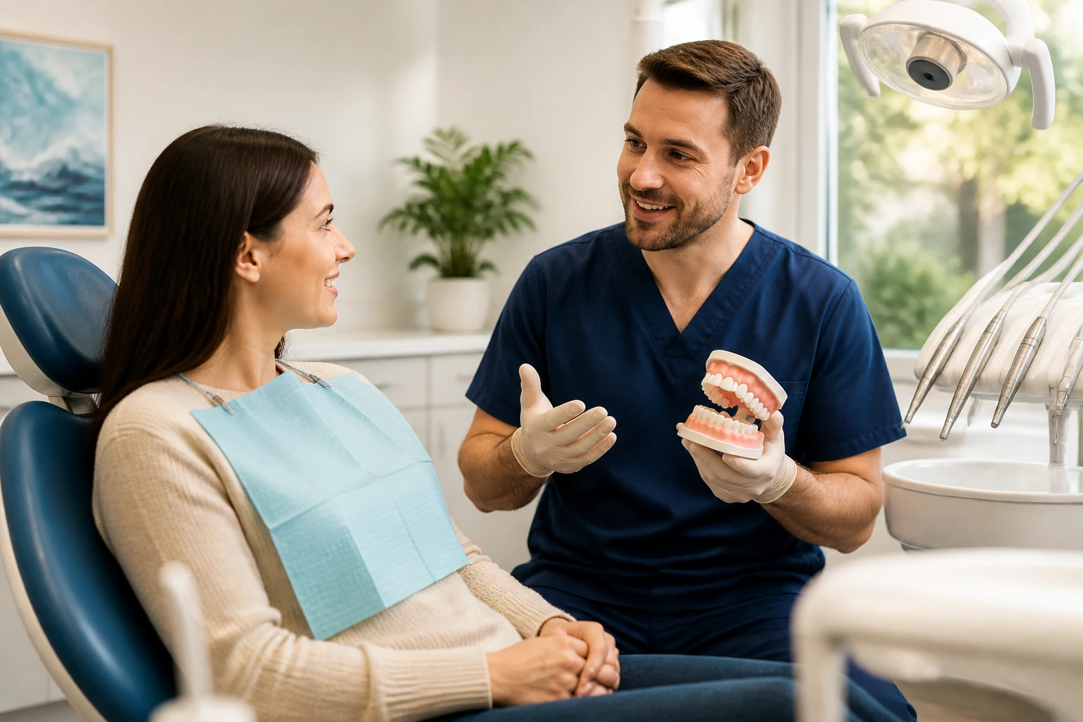 Dentist explaining treatment to patient at chairside in clinic