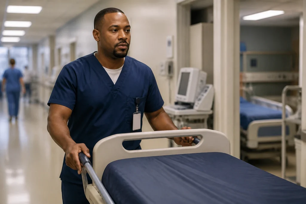 Medium close-up of a hospital worker in scrubs beside a patient transport cart in a corridor.