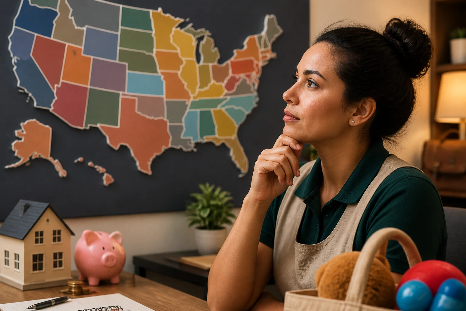 Caregiver contemplating pay and benefits with a map of the U.S. in the background.