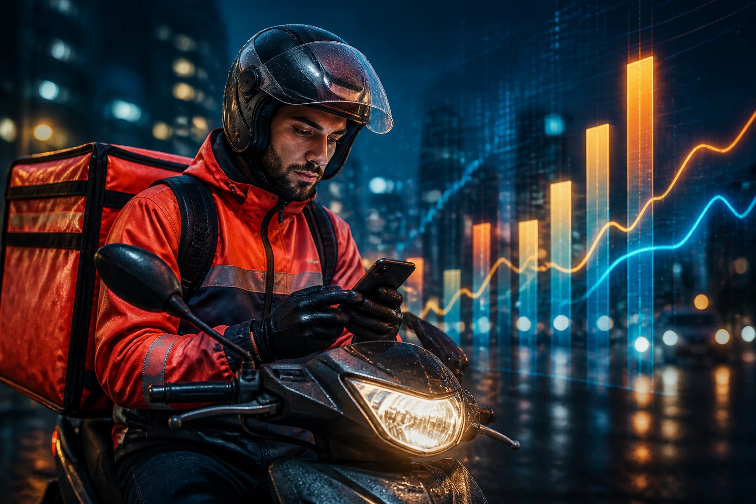 Rider beside scooter with abstract pay-scale motifs in urban night setting