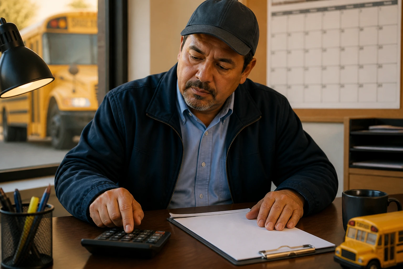 Bus driver at desk comparing hours and pay with a blank document