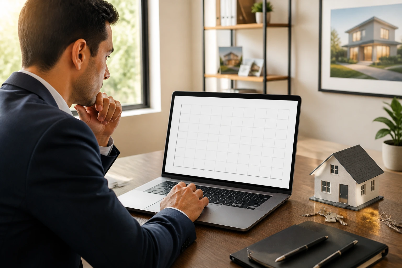 Close-up of a real estate agent examining a blank financial chart on a laptop.