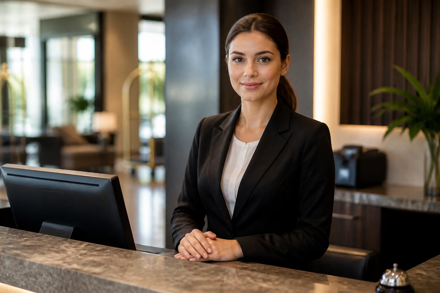Receptionist at hotel front desk with calm demeanor