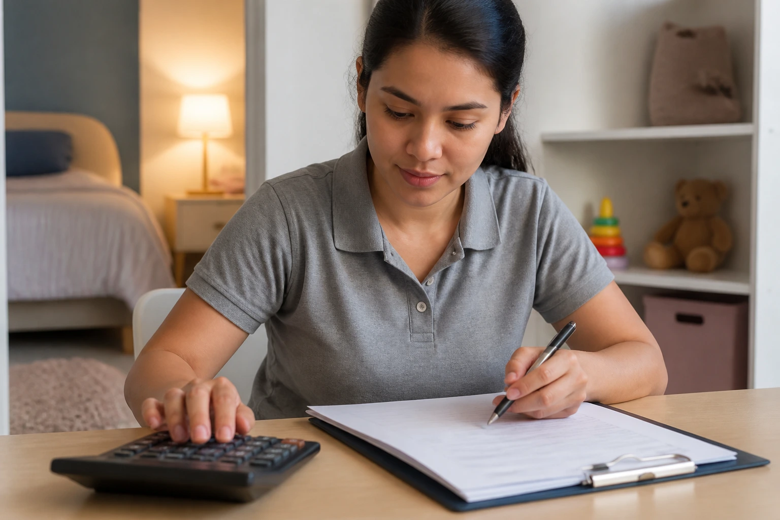 Caregiver at a table with a blank contract and calculator, highlighting pay and contracts