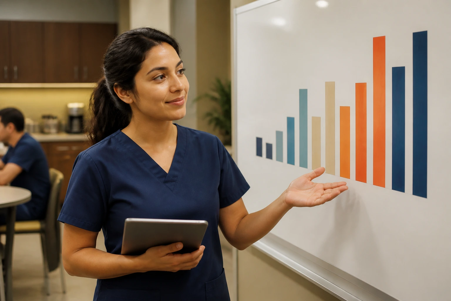 Healthcare worker before a number-free bar chart representing pay levels