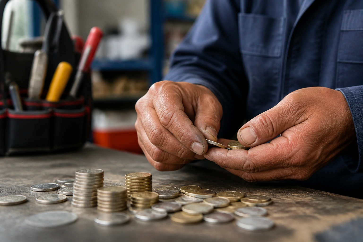 Hands counting coins on a workbench in a shop