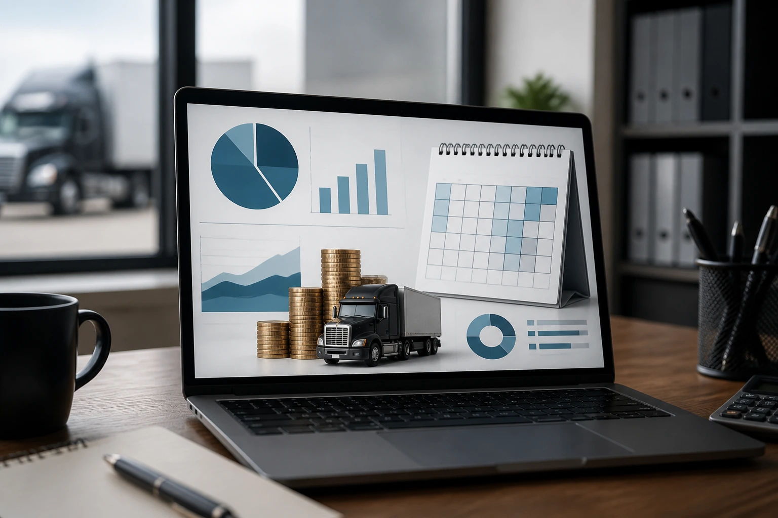Laptop showing abstract payroll information and a calendar icon to illustrate pay and home time considerations