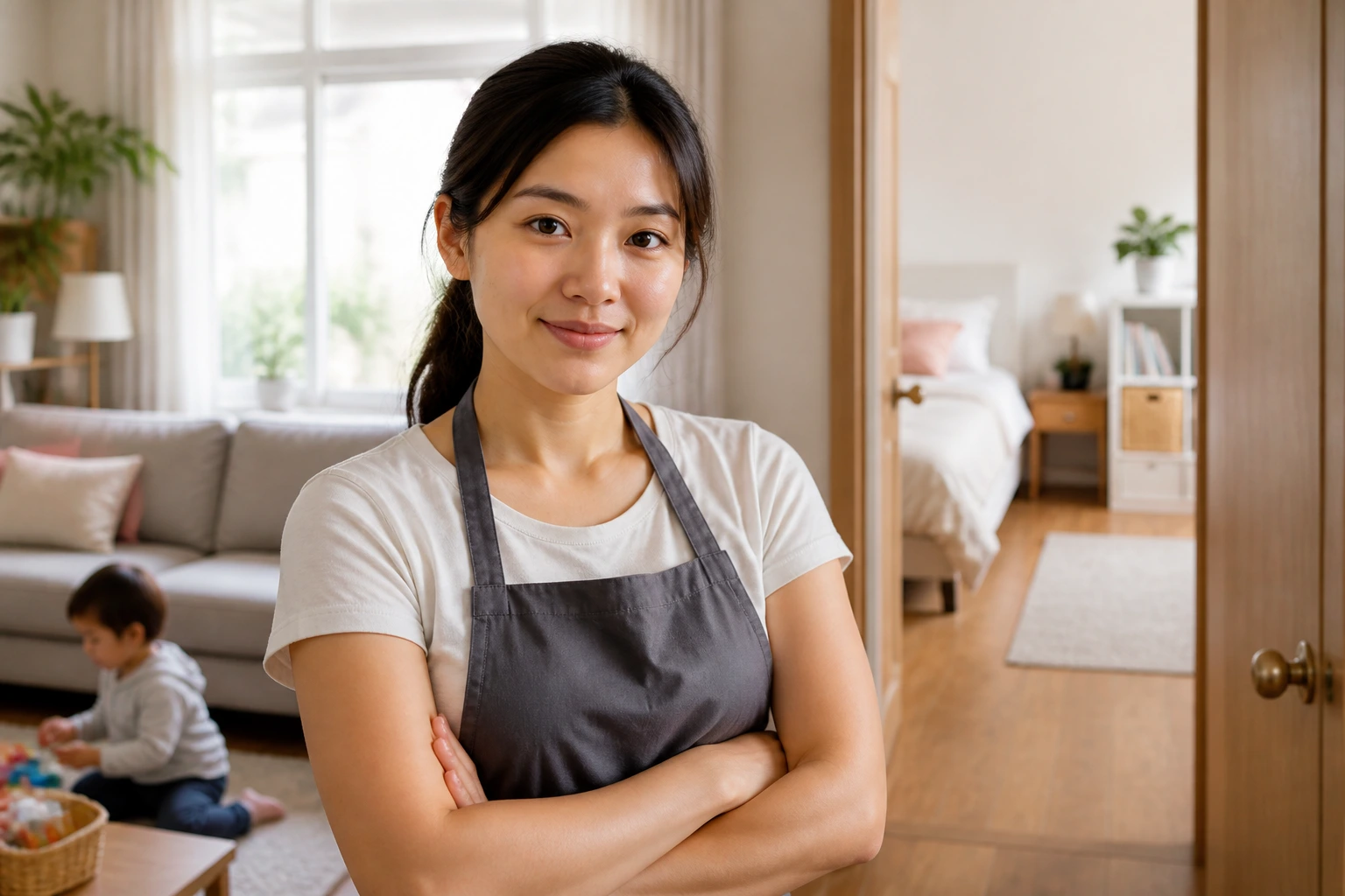 Portrait of a real person in a cozy living room illustrating pay and working condition considerations for live-in nanny roles