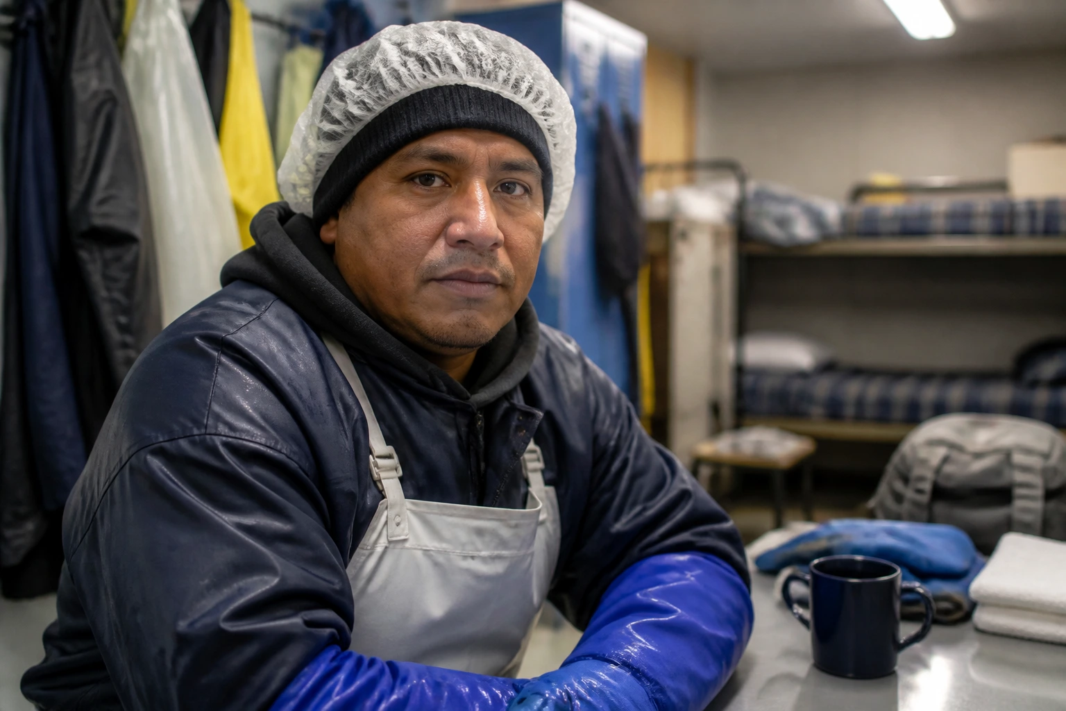 Seafood processing worker in break area with housing implied in background