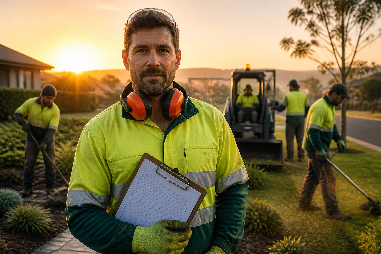 Early-morning landscaper on site with schedule clipboard