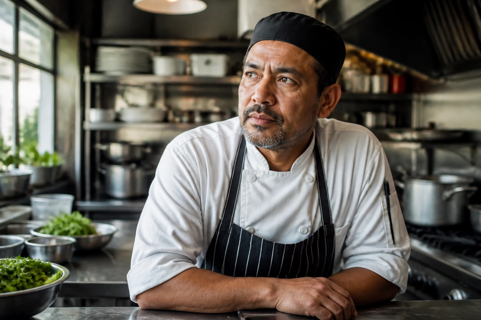 Thoughtful cook in kitchen assessing compensation and living costs, no text visible