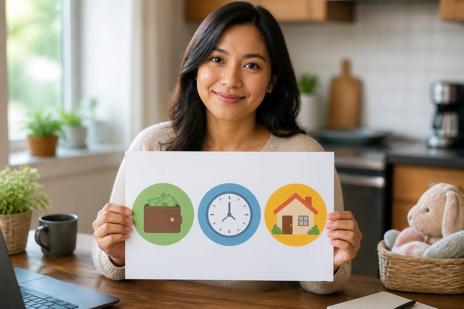 Person reviewing a job offer in a home setting with icons for pay, hours, and living arrangements.