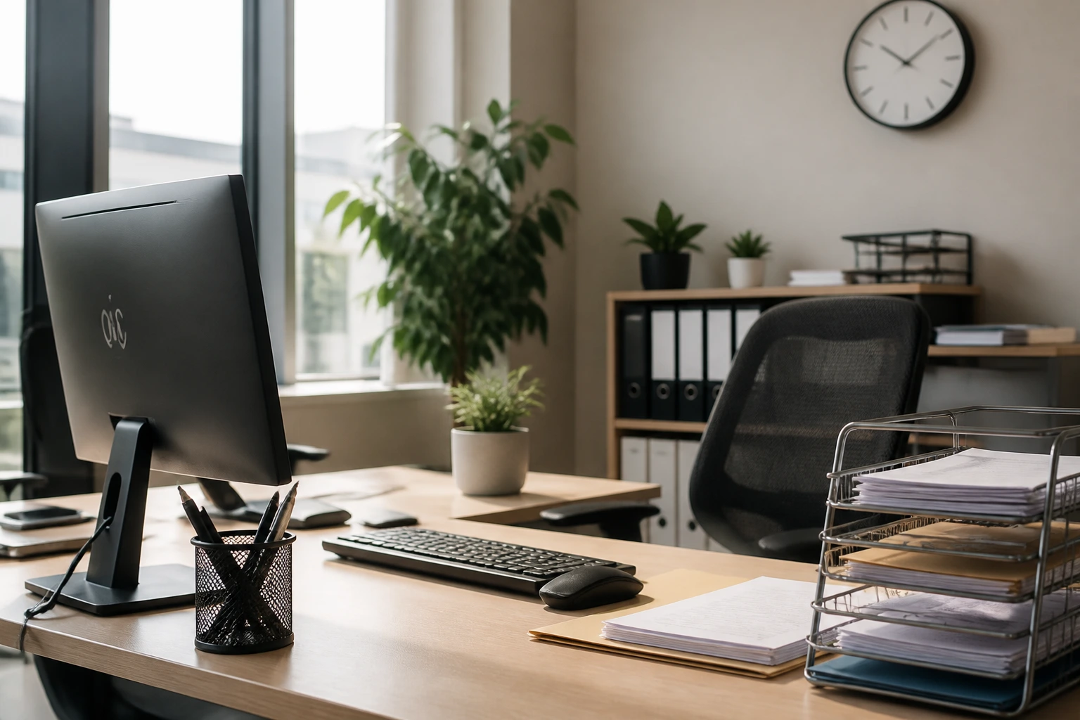 Office desk scene with clock and computer illustrating typical pay and hours