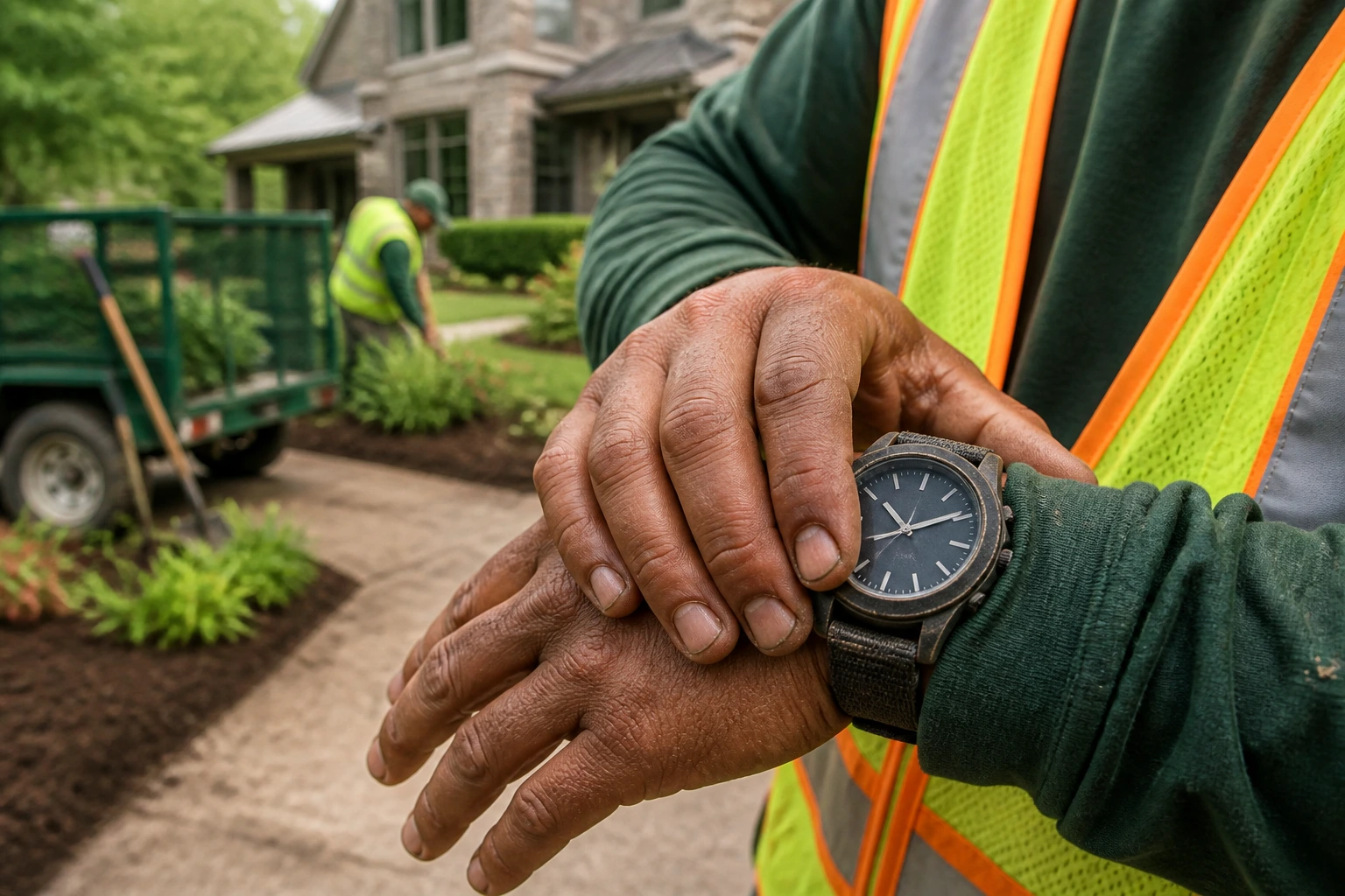 Close-up of landscaper hands with a simple-mark wristwatch at a job site.