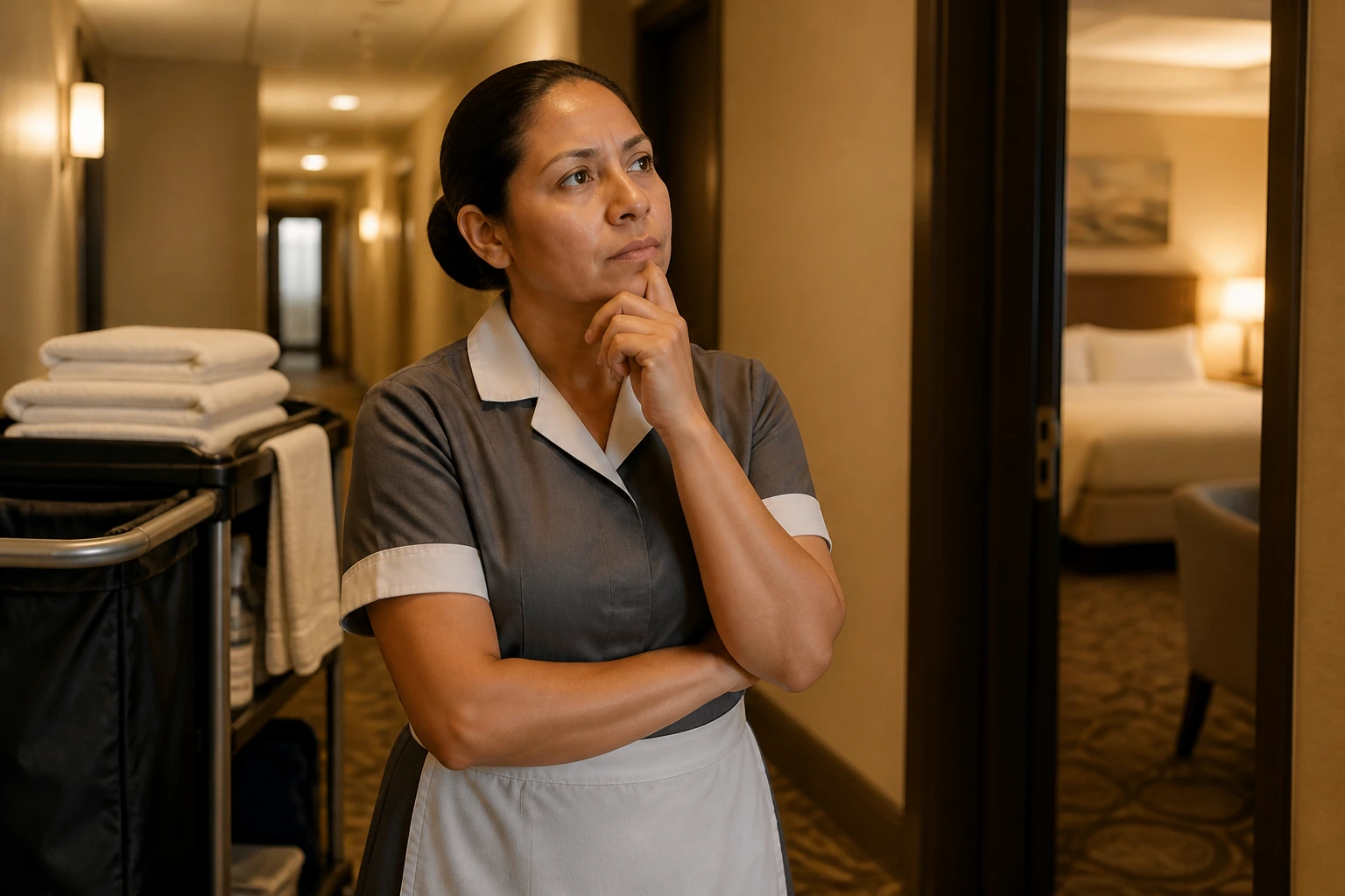 Hotel housekeeper in uniform standing in a corridor with a thoughtful expression