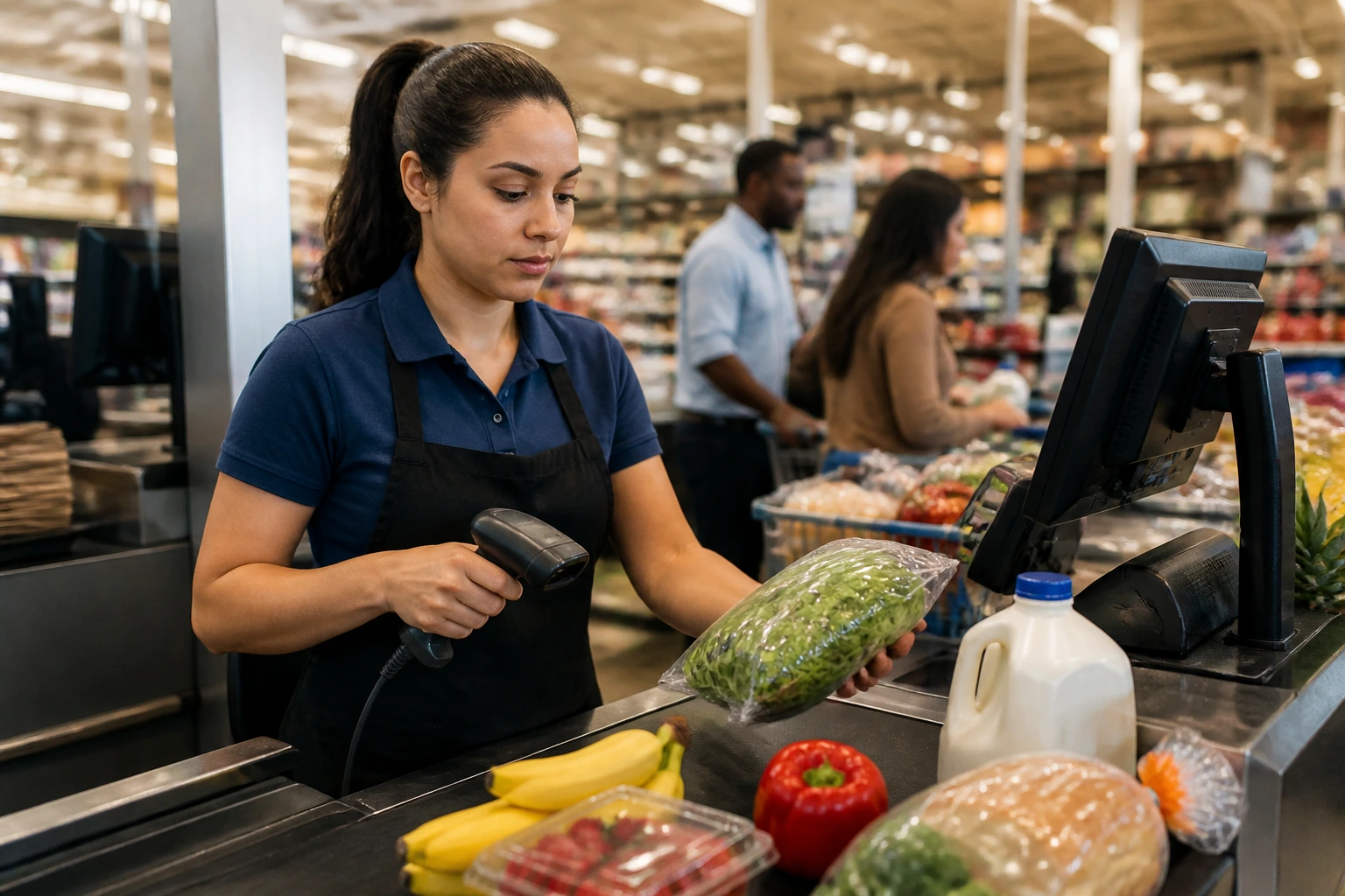 Cashier at checkout counter illustrating pay and physical demands