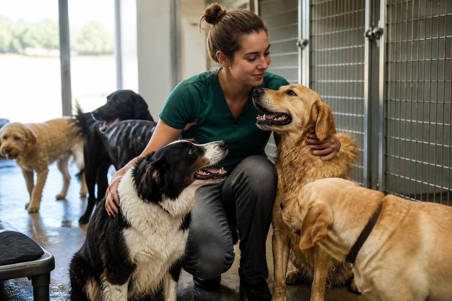 Worker in uniform in a kennel with dogs, illustrating daily working conditions in UK pet care roles