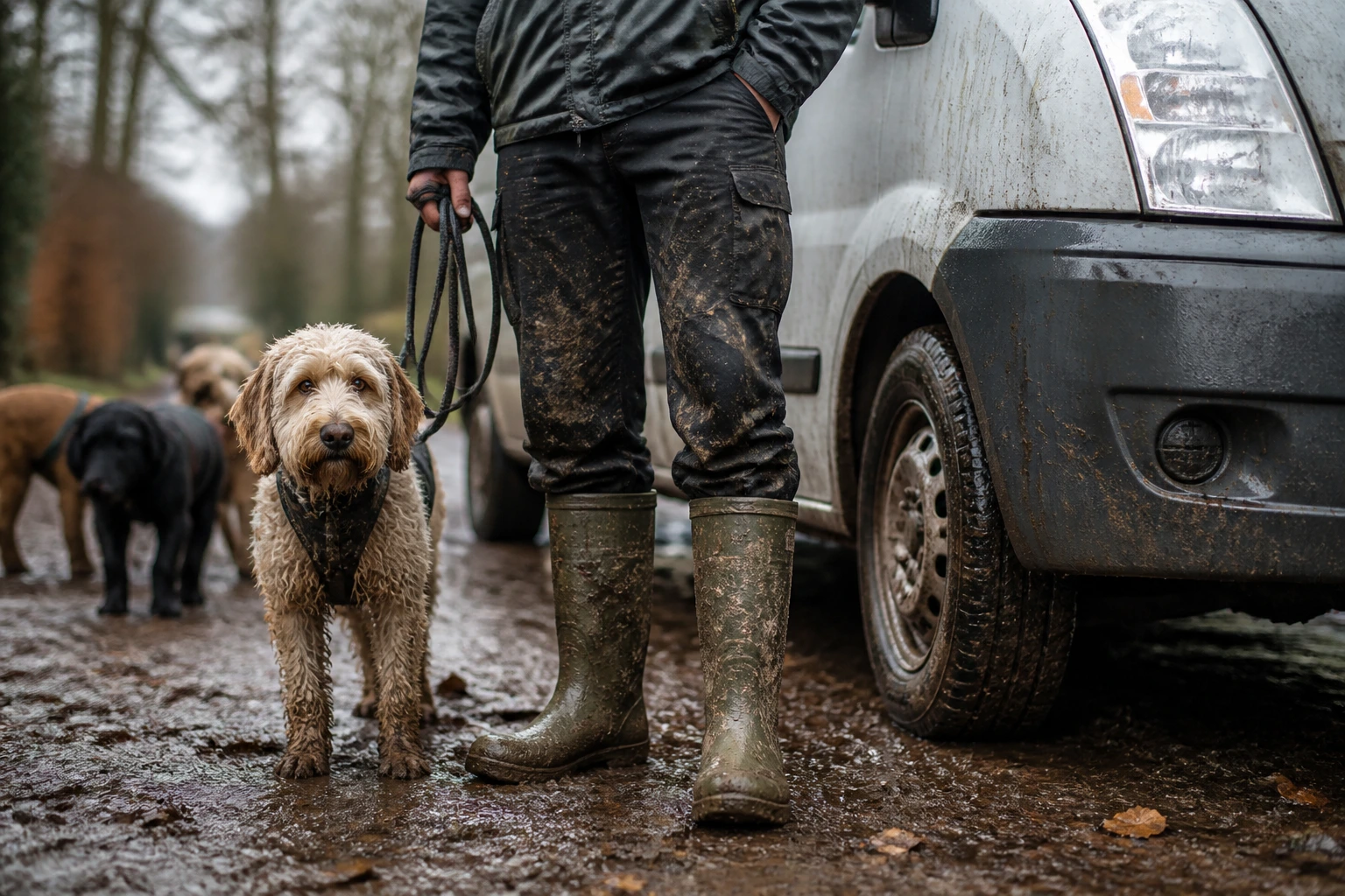 Muddy boots and a work van at a dog-walking site