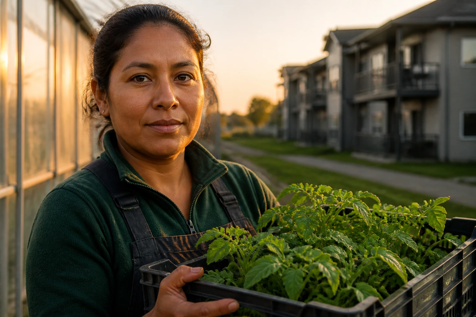Greenhouse worker near housing facilities during golden hour
