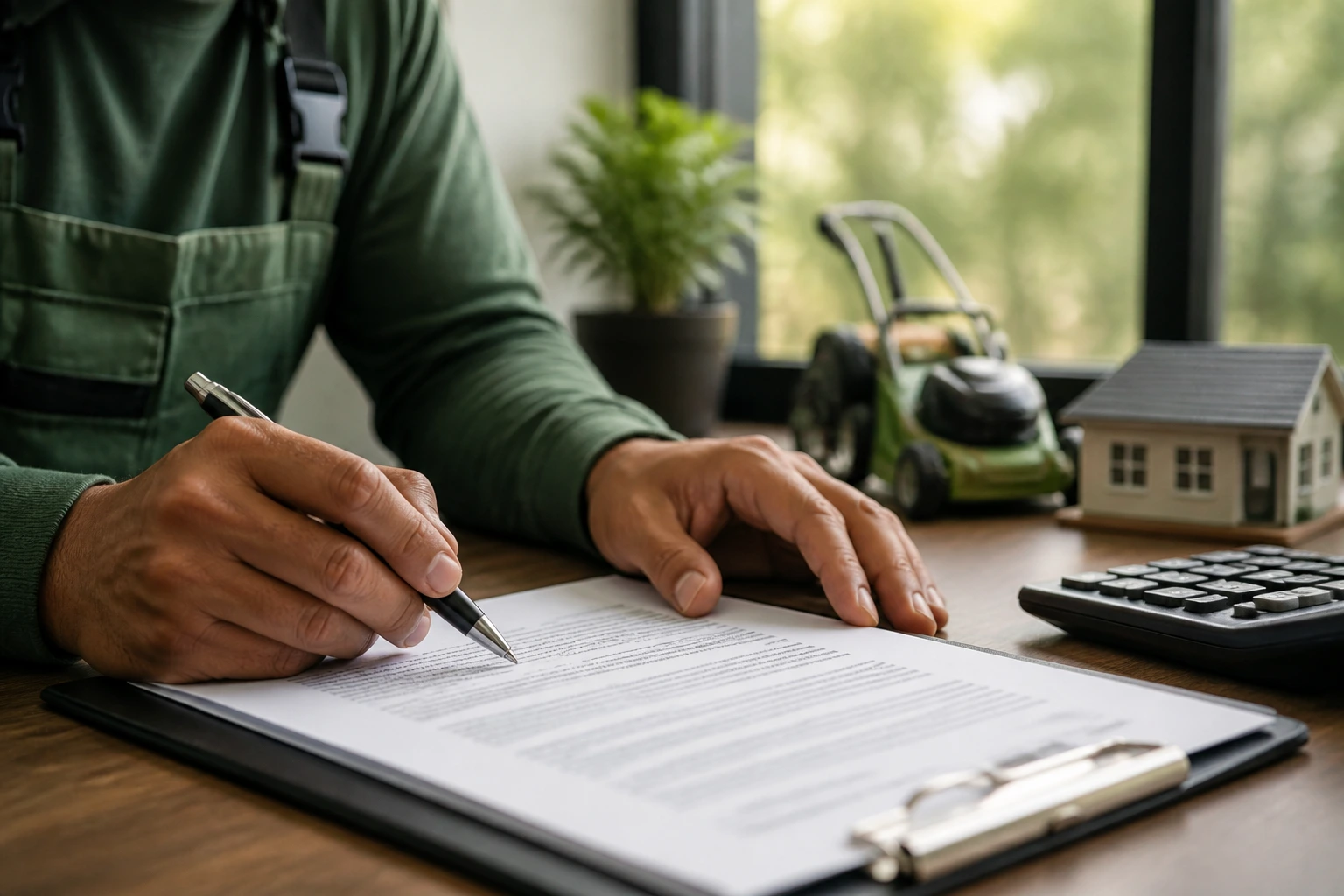 Close-up of hands on a contract with blurred text, calculator nearby, office setting