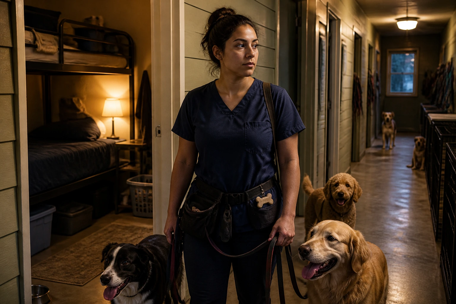 Pet-care worker in uniform in staff housing area, central figure