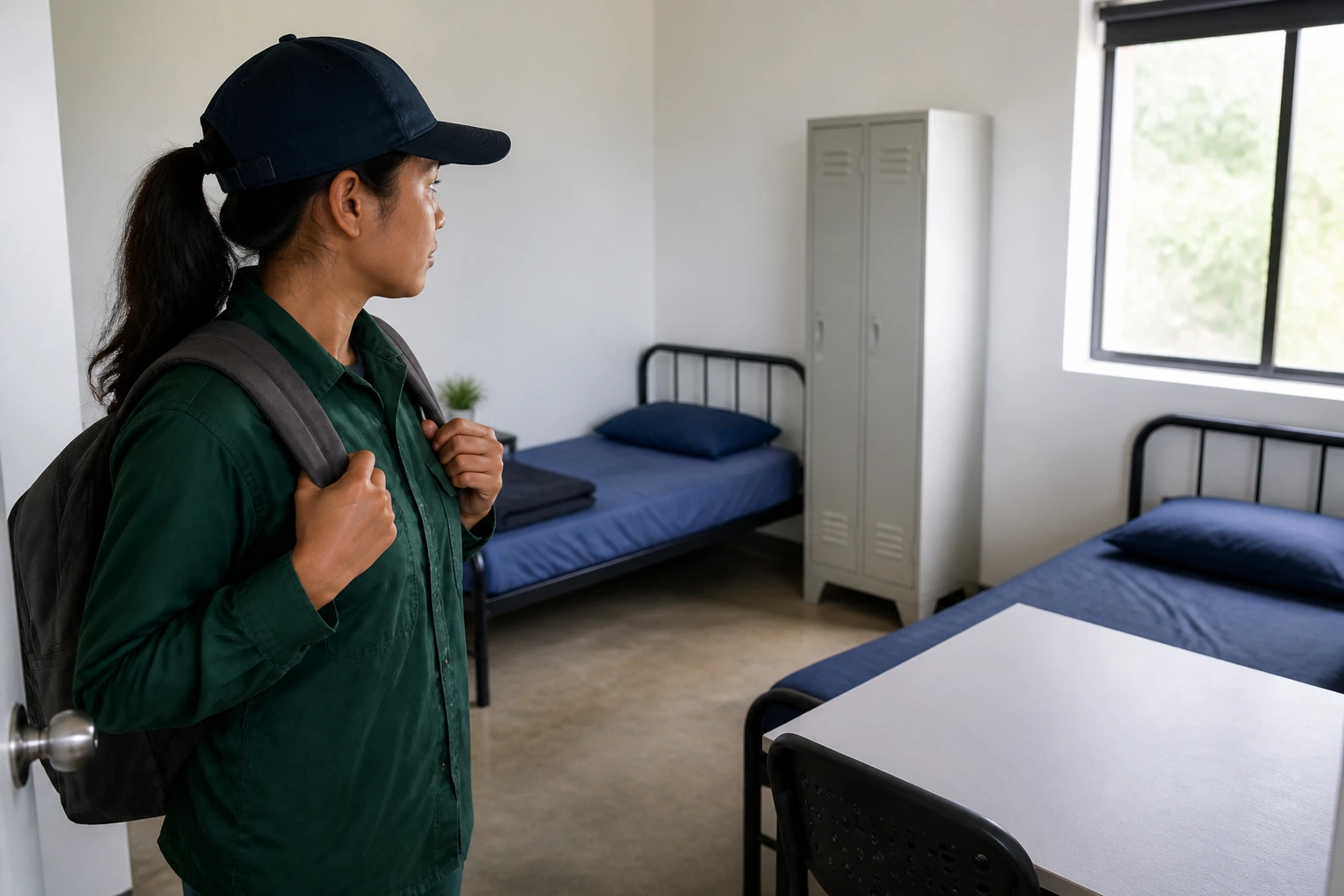 Worker evaluating housing conditions in greenhouse context